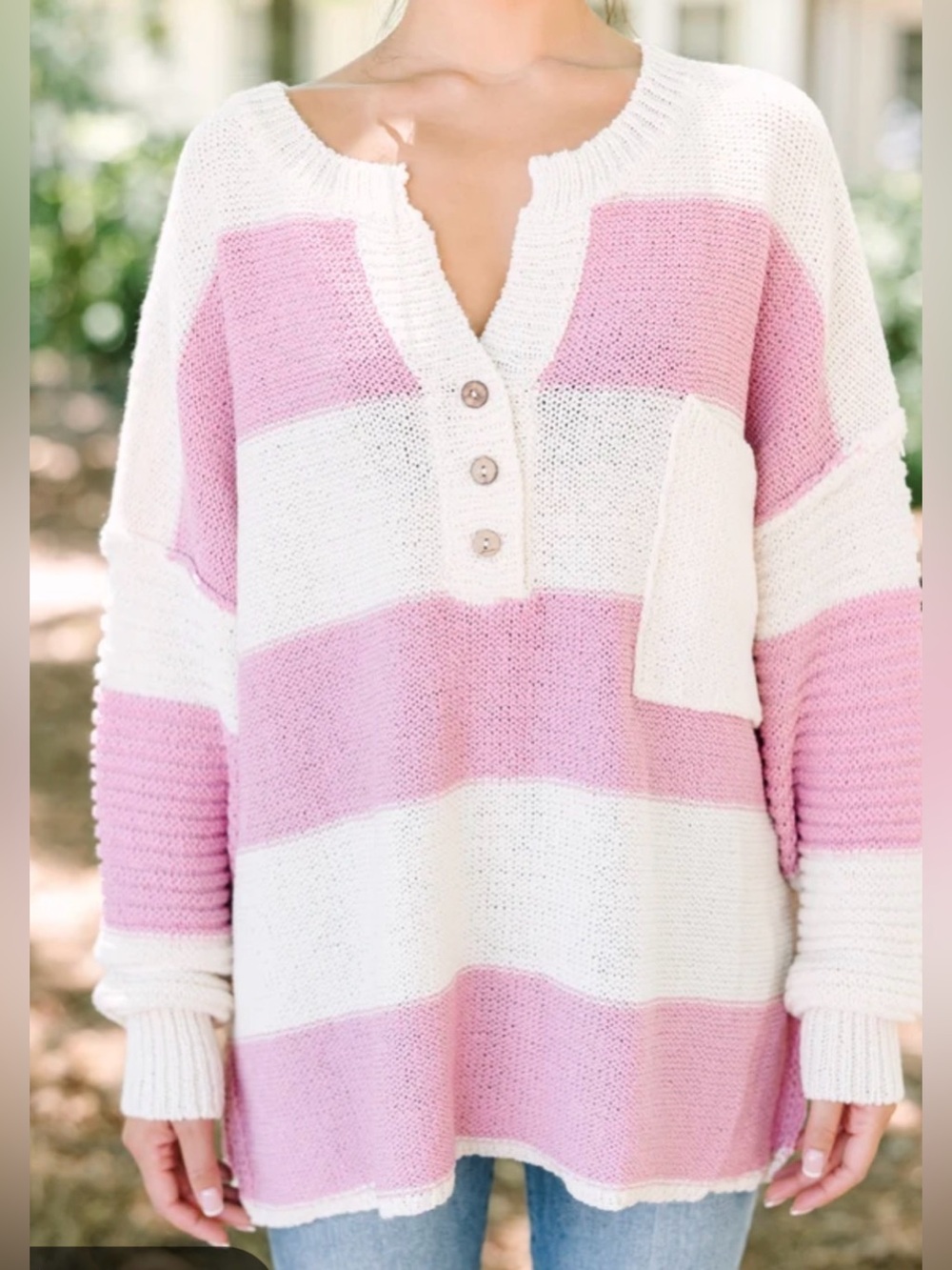 Cozy Striped Henley Sweater - Pink & Cream